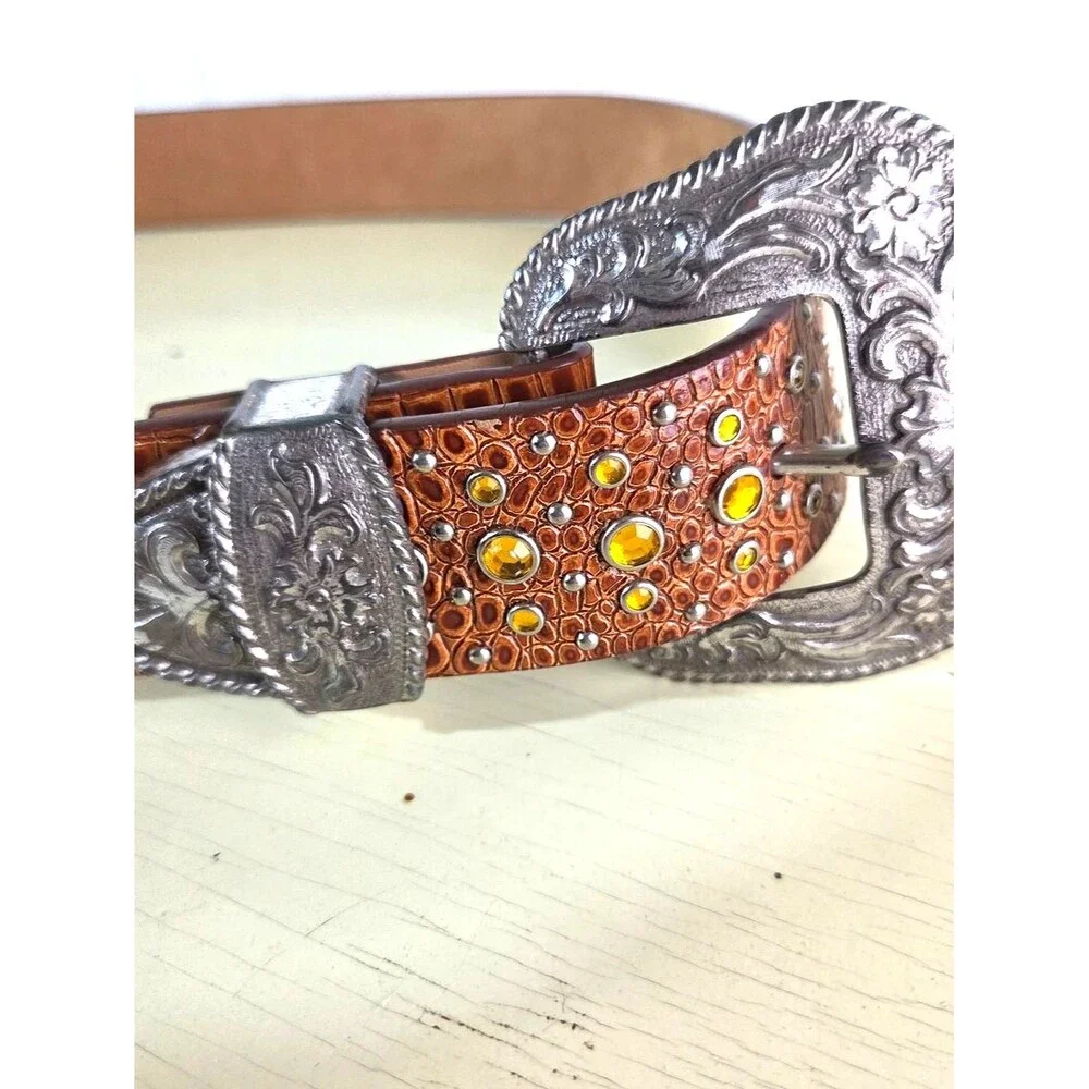 Vintage Ariat Western Leather Belt 1996 Brown Studded Rhinestone Concho Women M